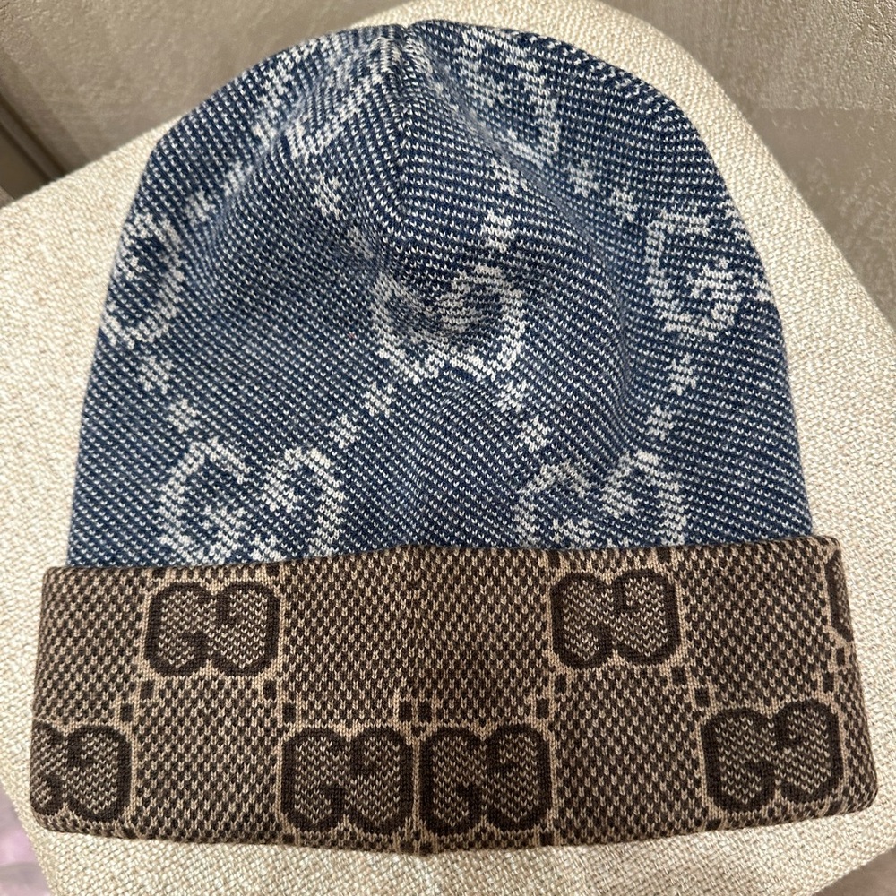 💯%Authentic!Brand New!Gucci Double Layer Reversible Wool Beanie Navy/Brown sizeM